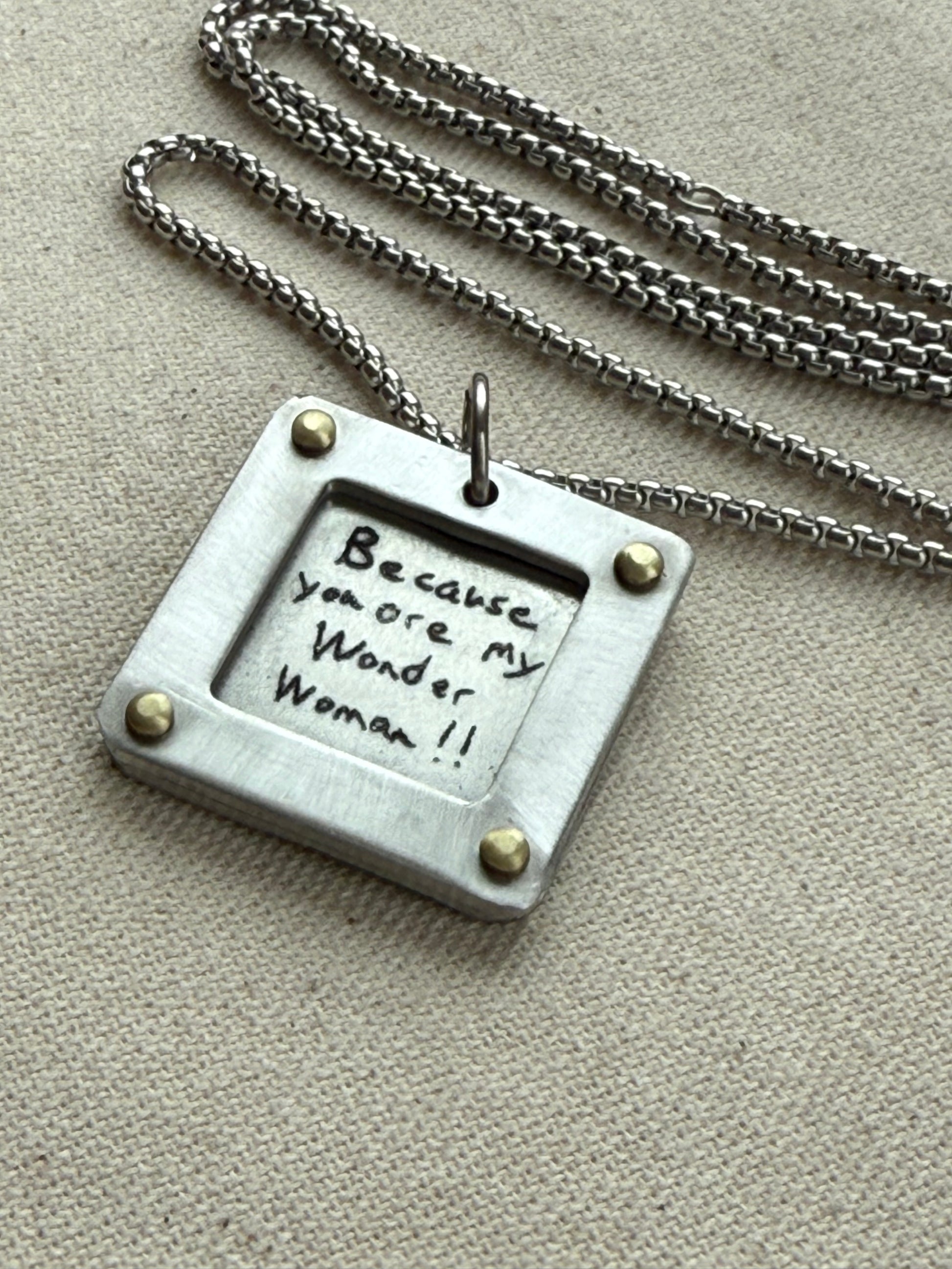 Actual handwriting necklace with your loved ones handwriting engraved.  Silver and gold hand riveted - drake designs jewelry