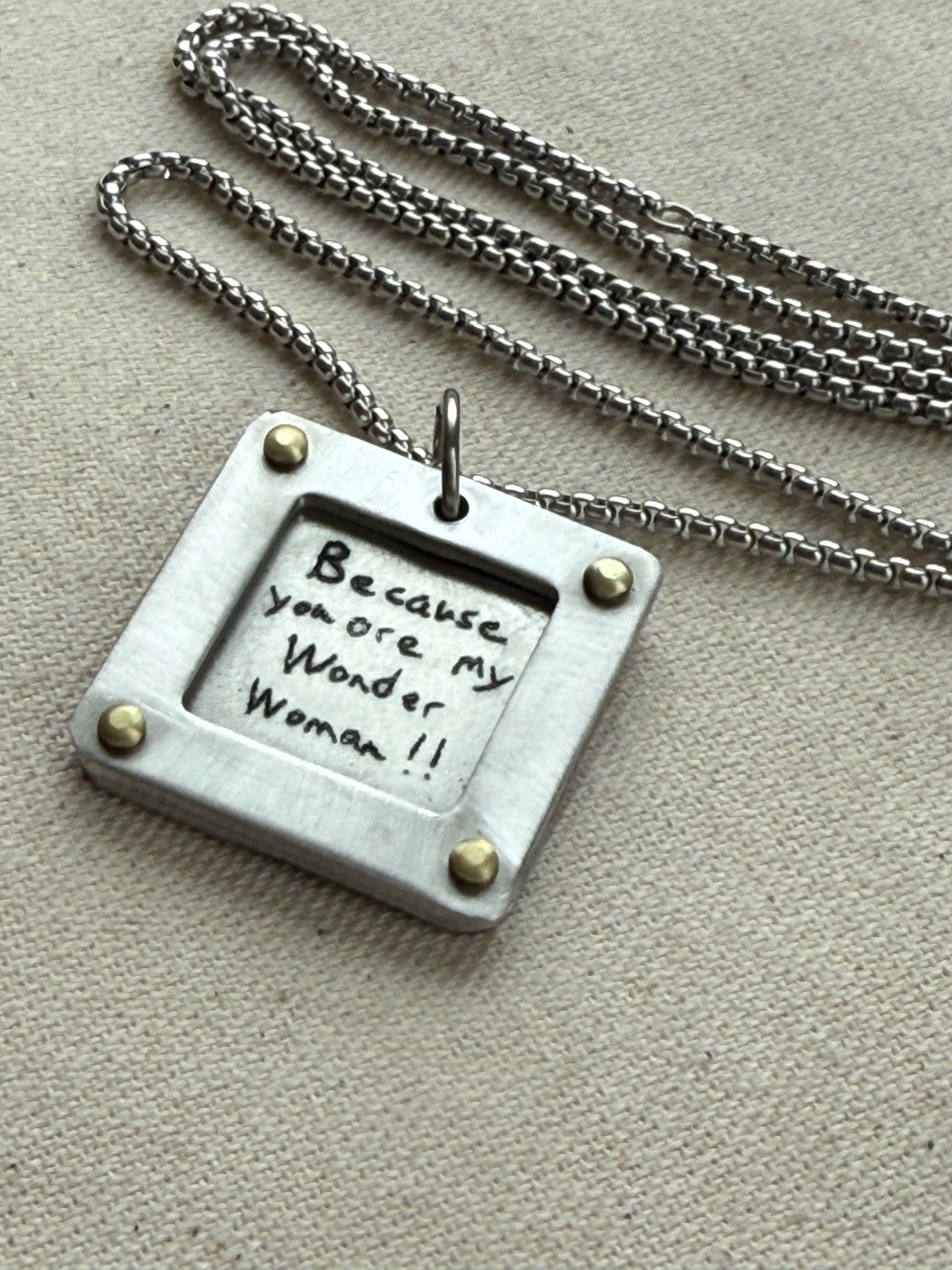 Actual handwriting necklace with your loved ones handwriting engraved.  Silver and gold hand riveted - drake designs jewelry