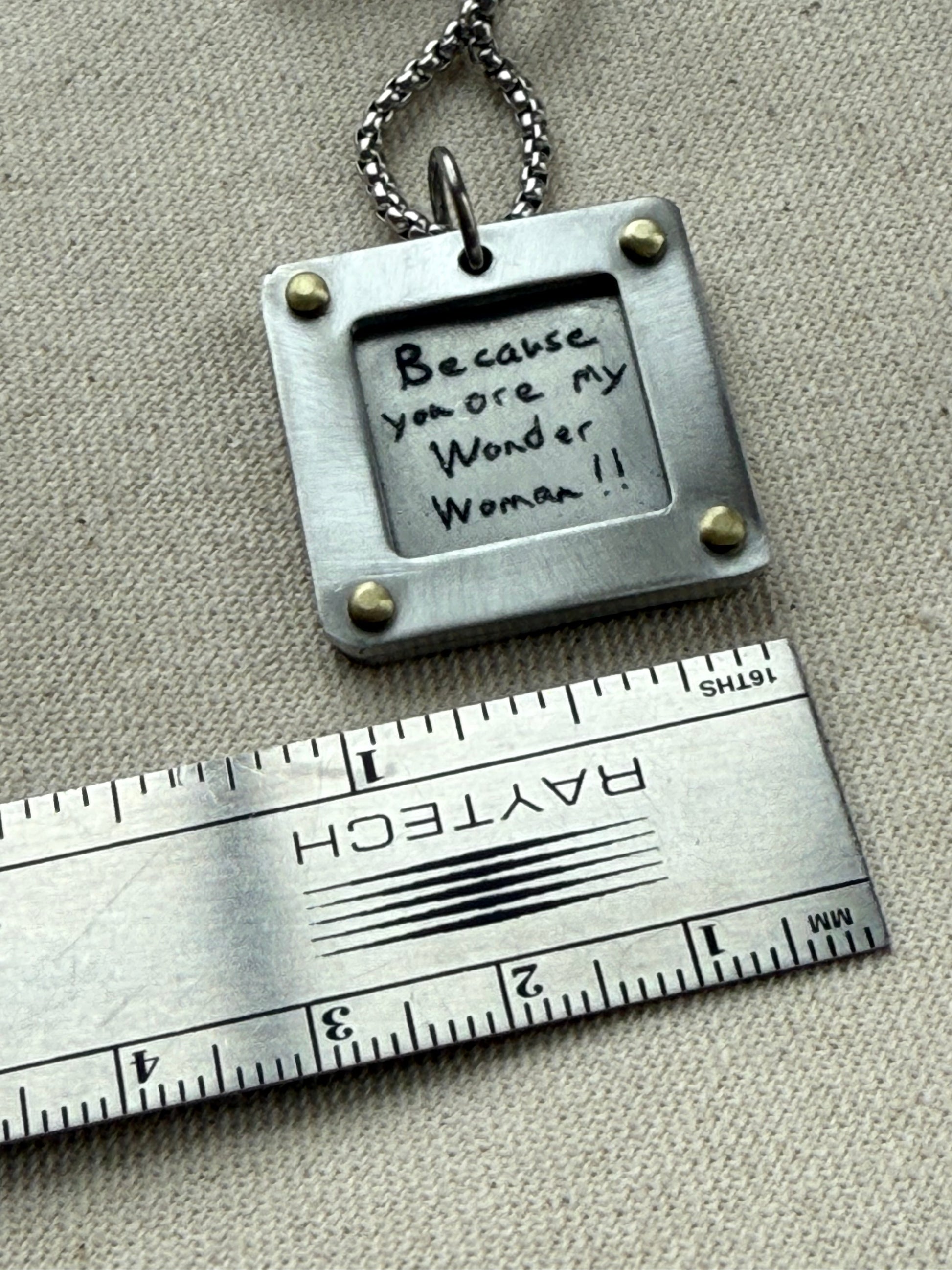 Actual handwriting necklace with your loved ones handwriting engraved.  Silver and gold hand riveted - drake designs jewelry