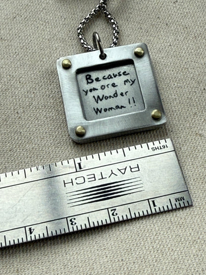 Actual handwriting necklace with your loved ones handwriting engraved.  Silver and gold hand riveted - drake designs jewelry
