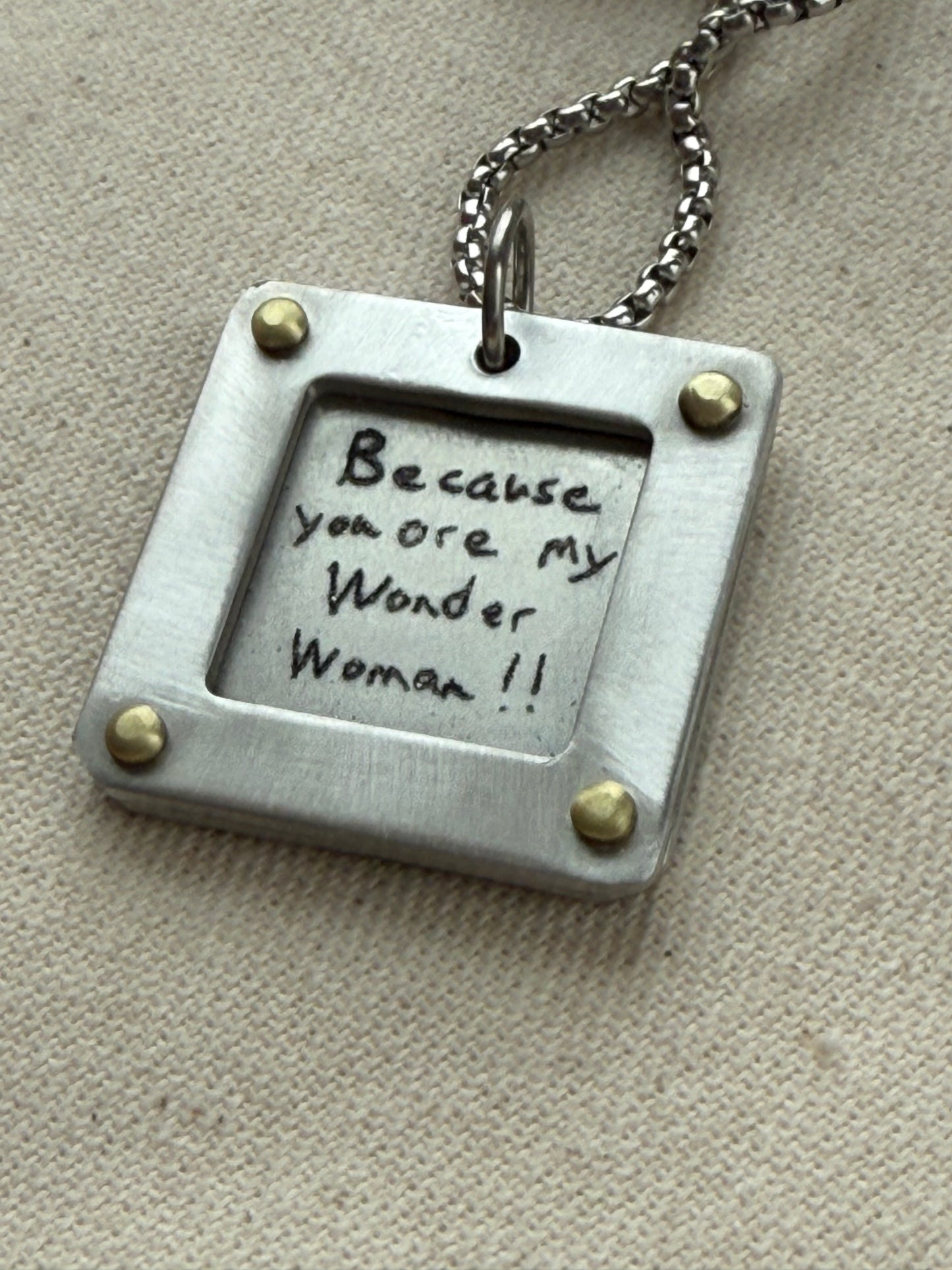 Actual handwriting necklace with your loved ones handwriting engraved.  Silver and gold hand riveted - drake designs jewelry