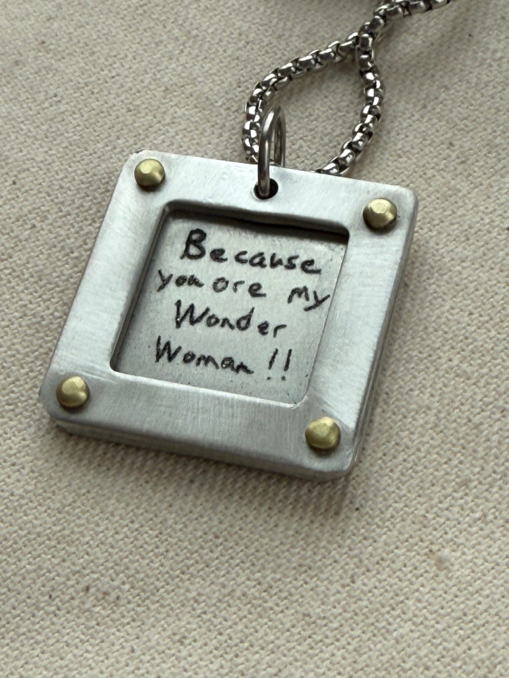 Actual handwriting necklace with your loved ones handwriting engraved.  Silver and gold hand riveted - drake designs jewelry