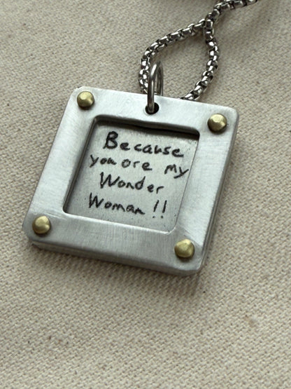 Actual handwriting necklace with your loved ones handwriting engraved.  Silver and gold hand riveted - drake designs jewelry