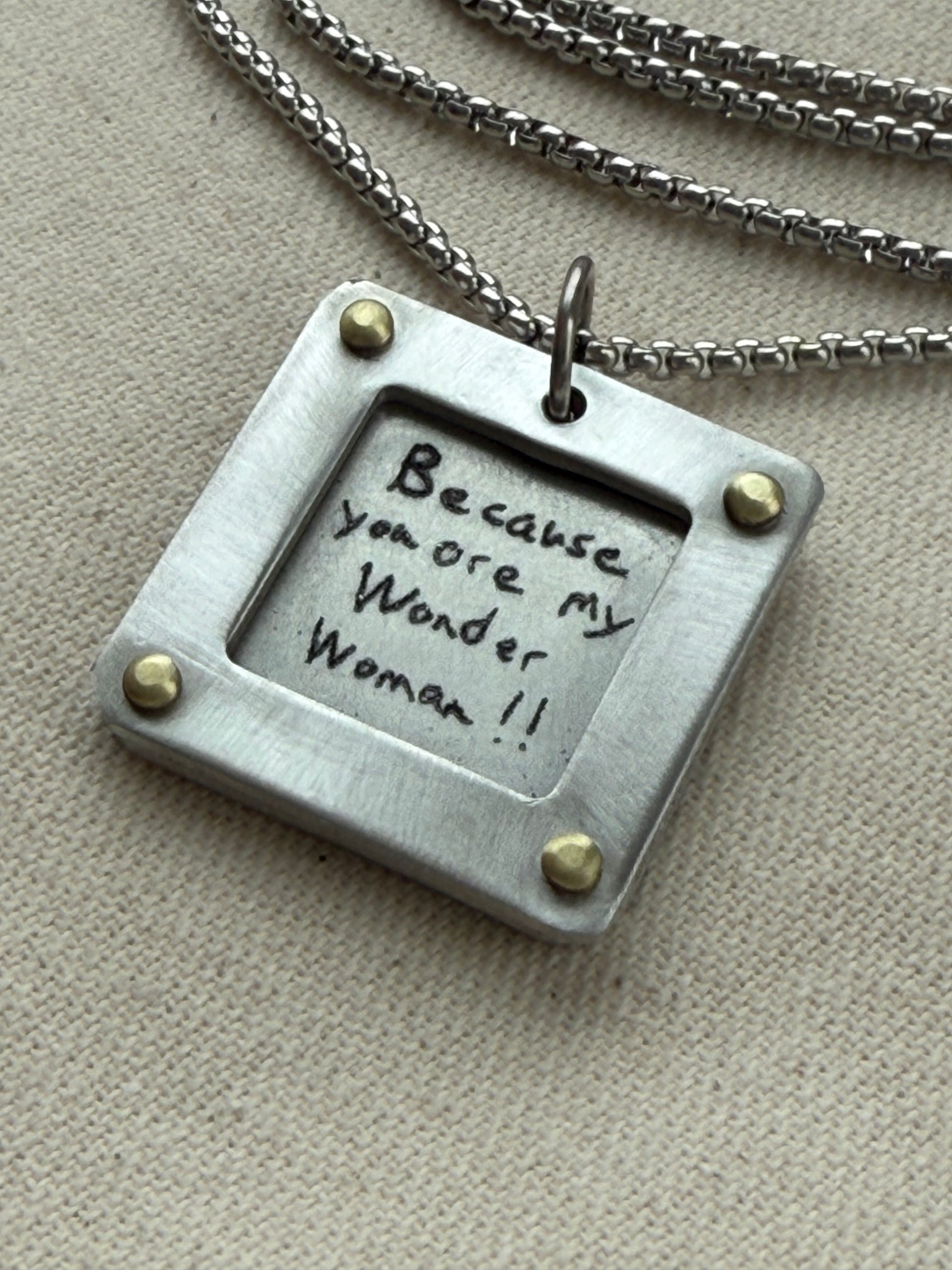 Actual handwriting necklace with your loved ones handwriting engraved.  Silver and gold hand riveted - drake designs jewelry