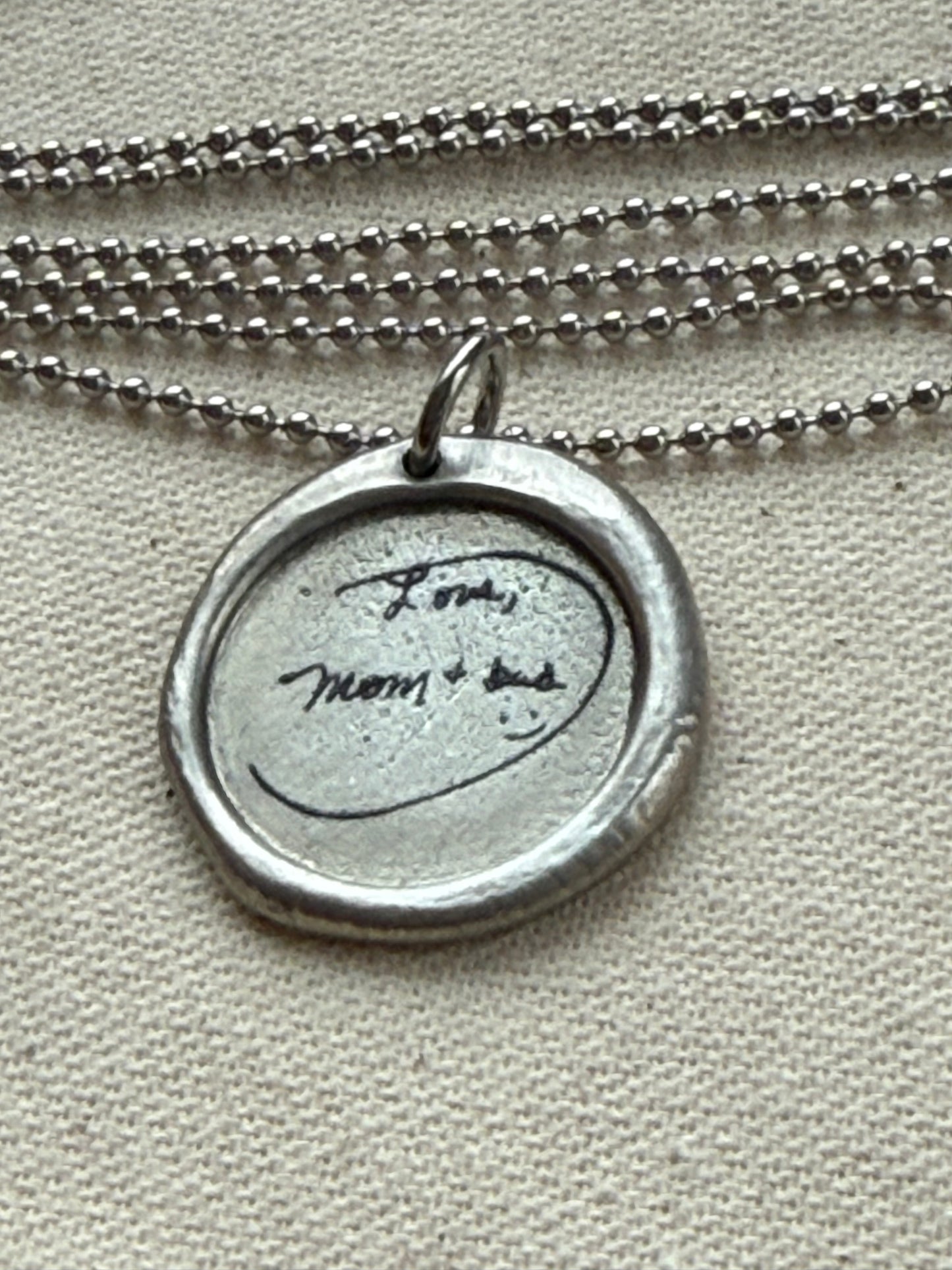 Wax seal silver necklace with actual handwriting of loved ones engraved - Drake designs jewelry
