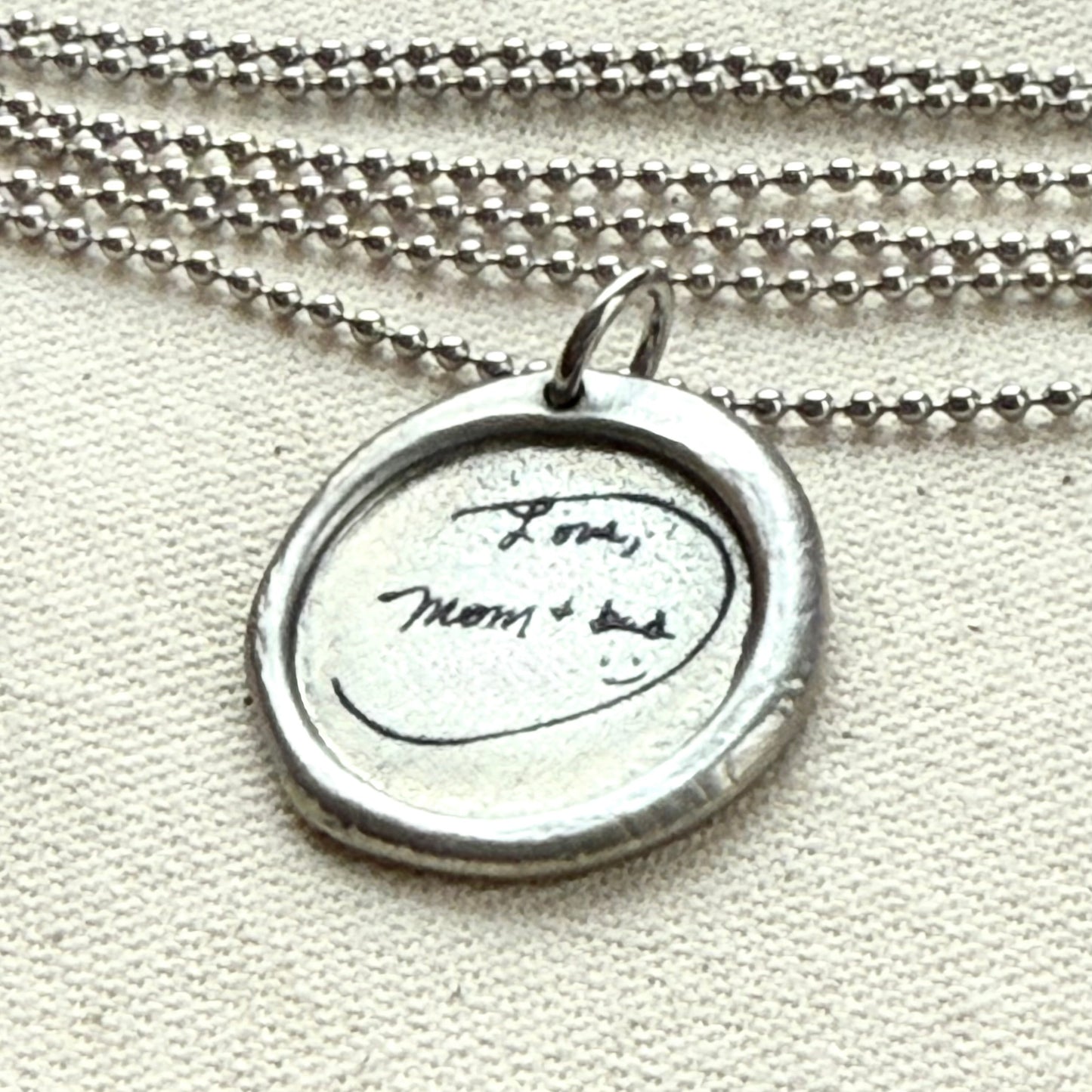 Wax seal silver necklace with actual handwriting of loved ones engraved - Drake designs jewelry