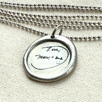 Wax seal silver necklace with actual handwriting of loved ones engraved - Drake designs jewelry