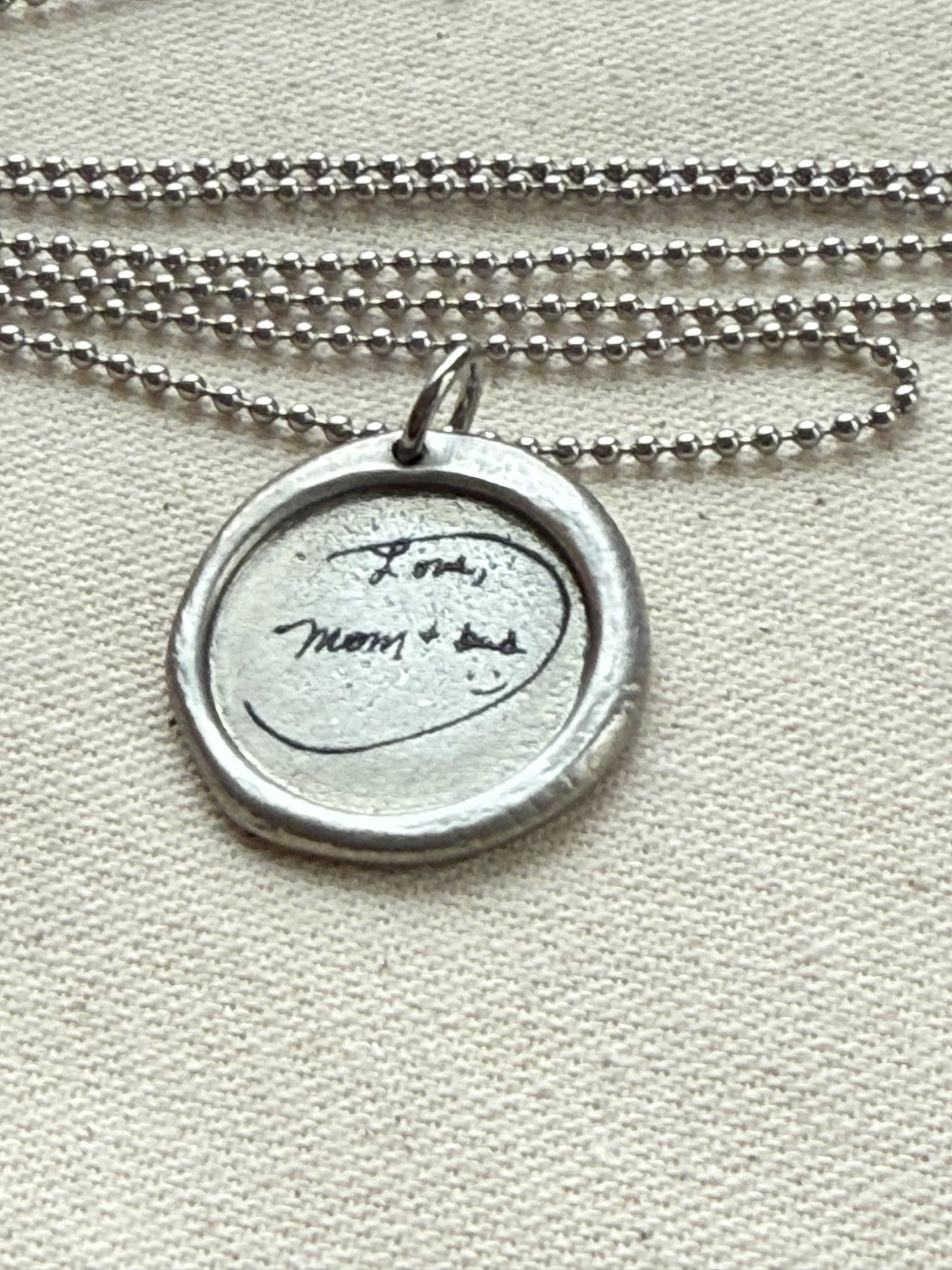 Wax seal silver necklace with actual handwriting of loved ones engraved - Drake designs jewelry