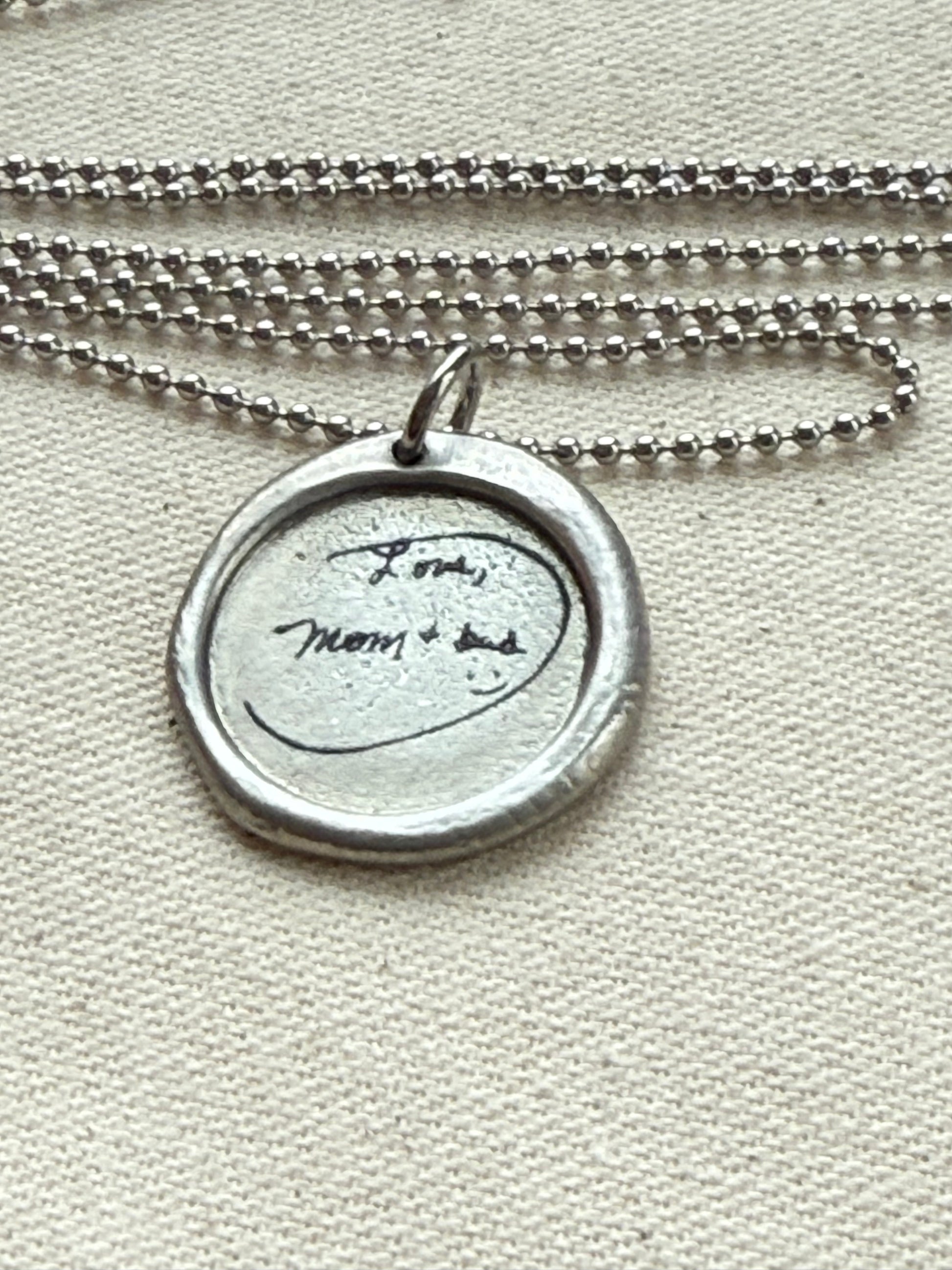 Wax seal silver necklace with actual handwriting of loved ones engraved - Drake designs jewelry