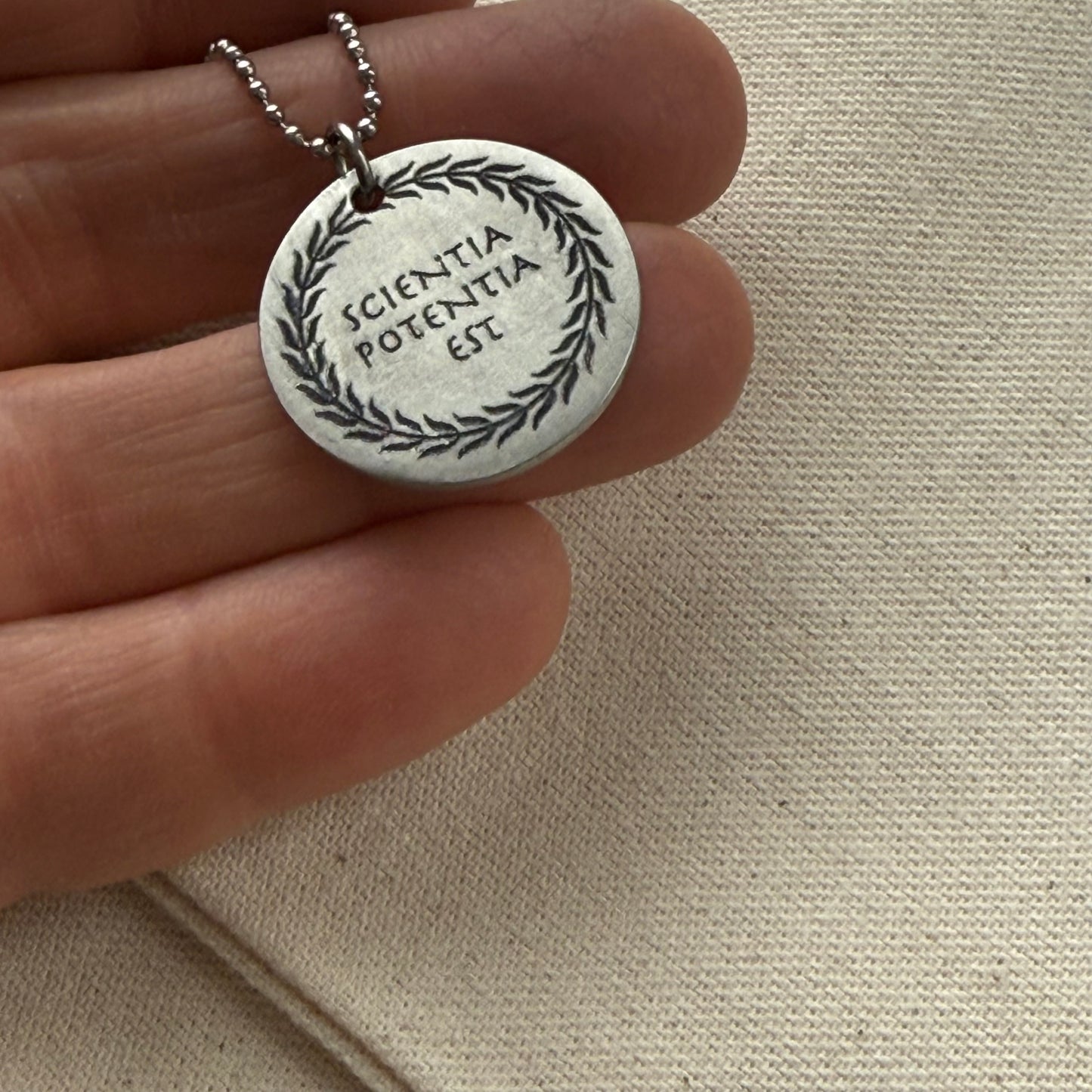 Scientia Potentia Est Necklace -  Latin Phrase Necklace - Knowledge Is Power - engraved -drake designs jewelry