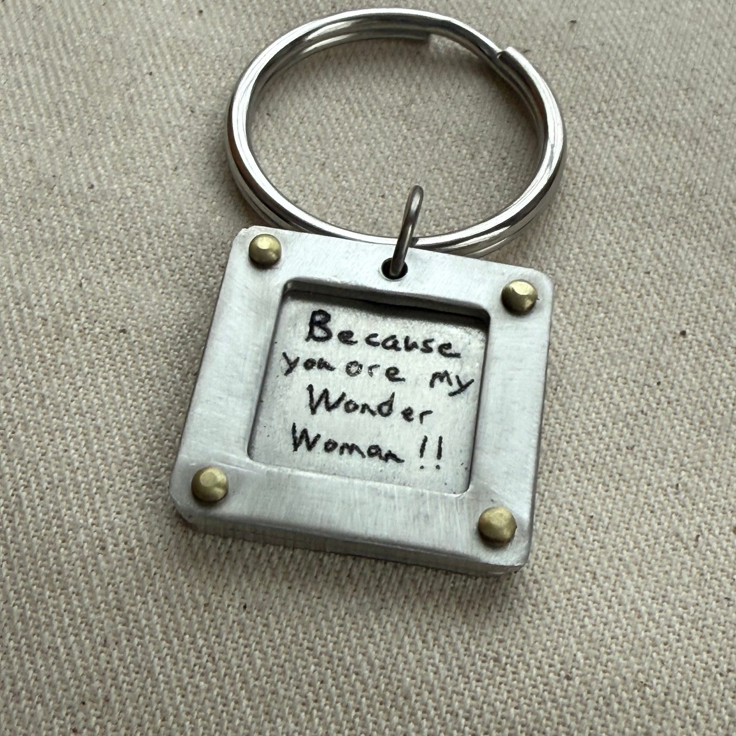 Personalized Handwriting Keychain with Raised Border and Golden Brass Rivets Personalized with Loved Ones Handwriting on Custom Key Chain