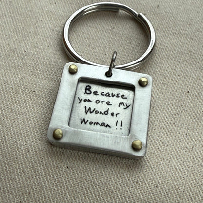 Personalized Handwriting Keychain with Raised Border and Golden Brass Rivets Personalized with Loved Ones Handwriting on Custom Key Chain