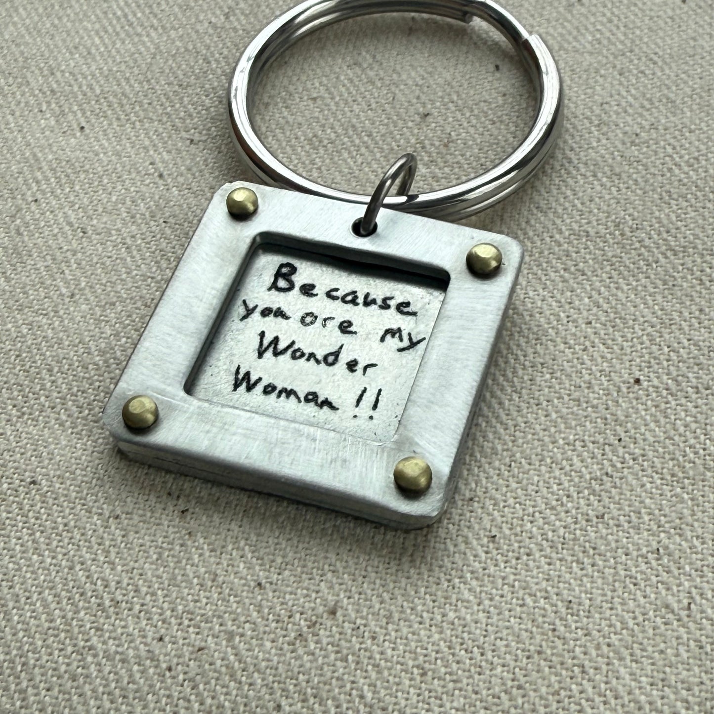 Personalized Handwriting Keychain with Raised Border and Golden Brass Rivets Personalized with Loved Ones Handwriting on Custom Key Chain
