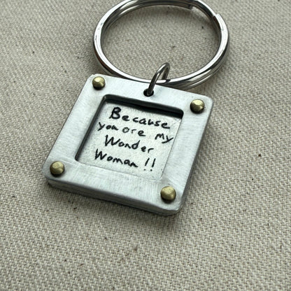Personalized Handwriting Keychain with Raised Border and Golden Brass Rivets Personalized with Loved Ones Handwriting on Custom Key Chain