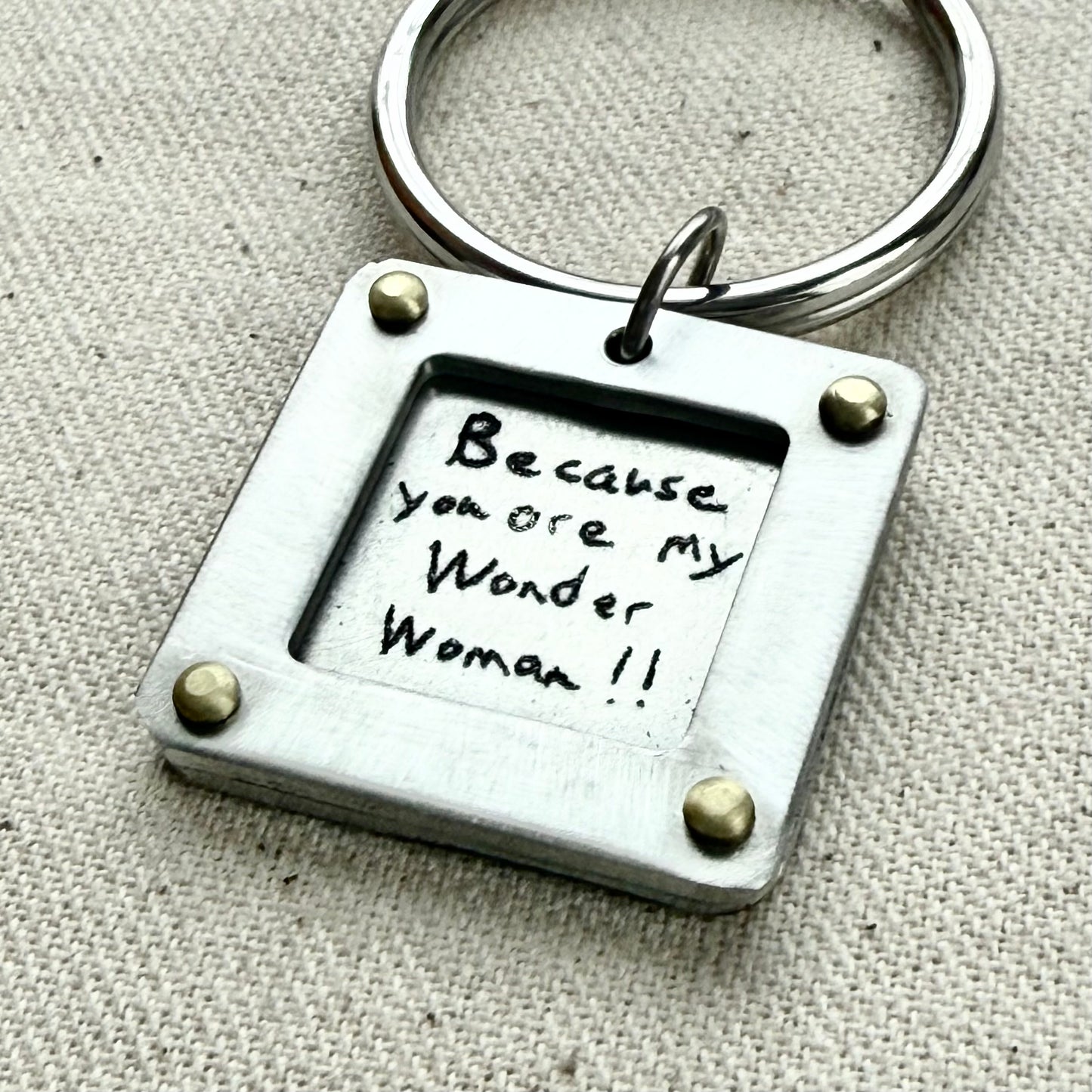 Personalized Handwriting Keychain with Raised Border and Golden Brass Rivets Personalized with Loved Ones Handwriting on Custom Key Chain