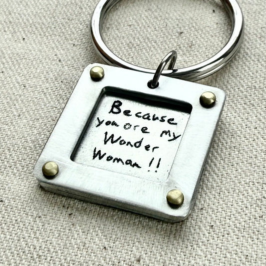 Personalized Handwriting Keychain with Raised Border and Golden Brass Rivets Personalized with Loved Ones Handwriting on Custom Key Chain