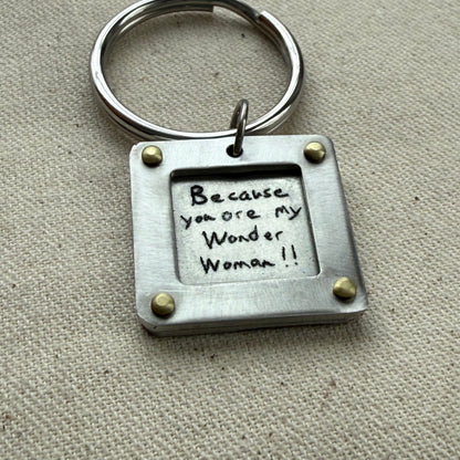 Personalized Handwriting Keychain with Raised Border and Golden Brass Rivets Personalized with Loved Ones Handwriting on Custom Key Chain