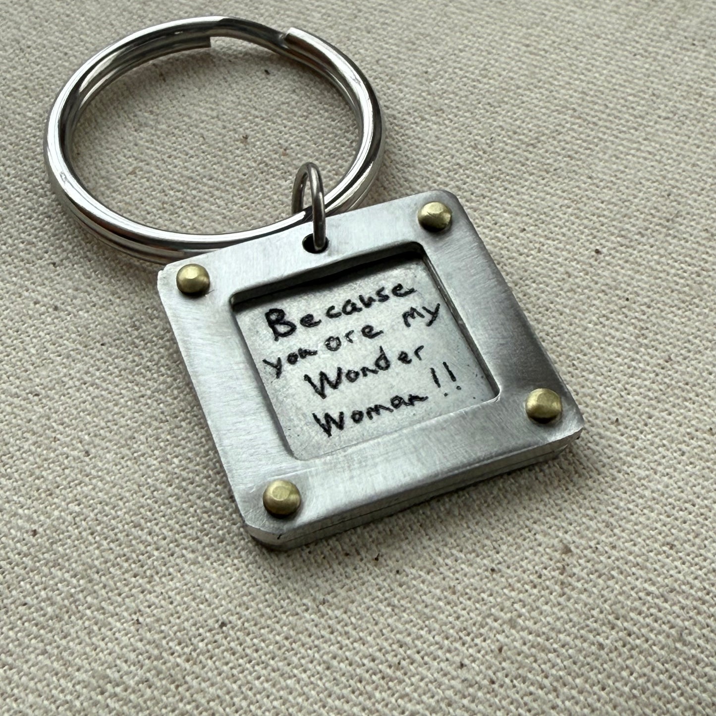 Personalized Handwriting Keychain with Raised Border and Golden Brass Rivets Personalized with Loved Ones Handwriting on Custom Key Chain