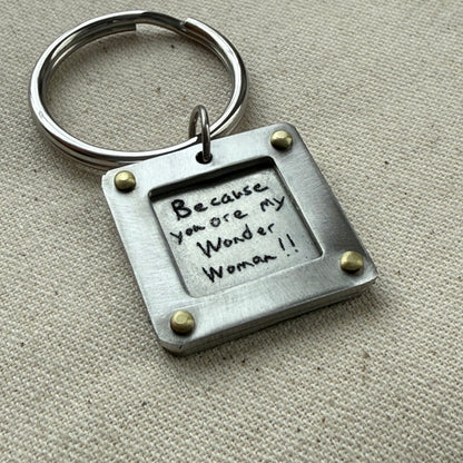 Personalized Handwriting Keychain with Raised Border and Golden Brass Rivets Personalized with Loved Ones Handwriting on Custom Key Chain