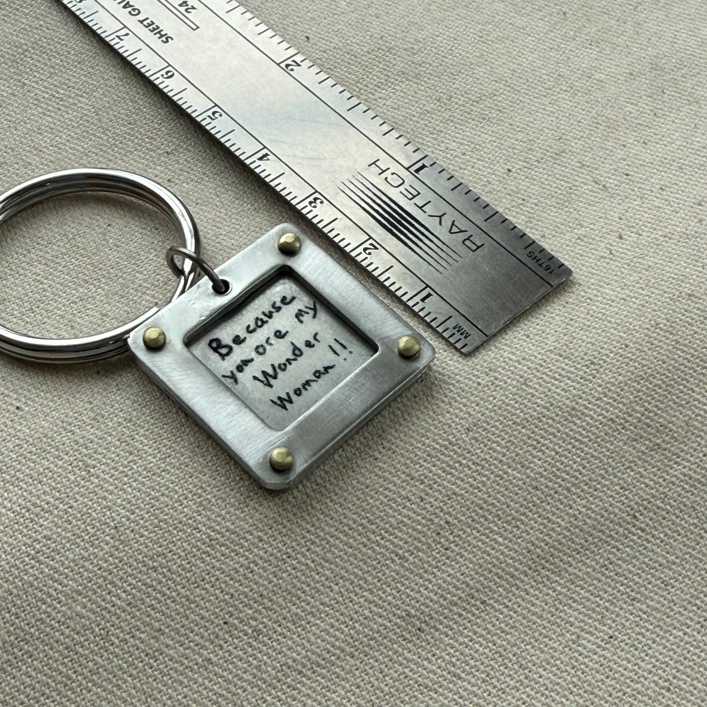 Personalized Handwriting Keychain with Raised Border and Golden Brass Rivets Personalized with Loved Ones Handwriting on Custom Key Chain