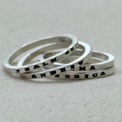 Solid sterling silver dainty but strong rings with custom name, micro mantra or words hand stamped poesy ring - drake designs jewelry
