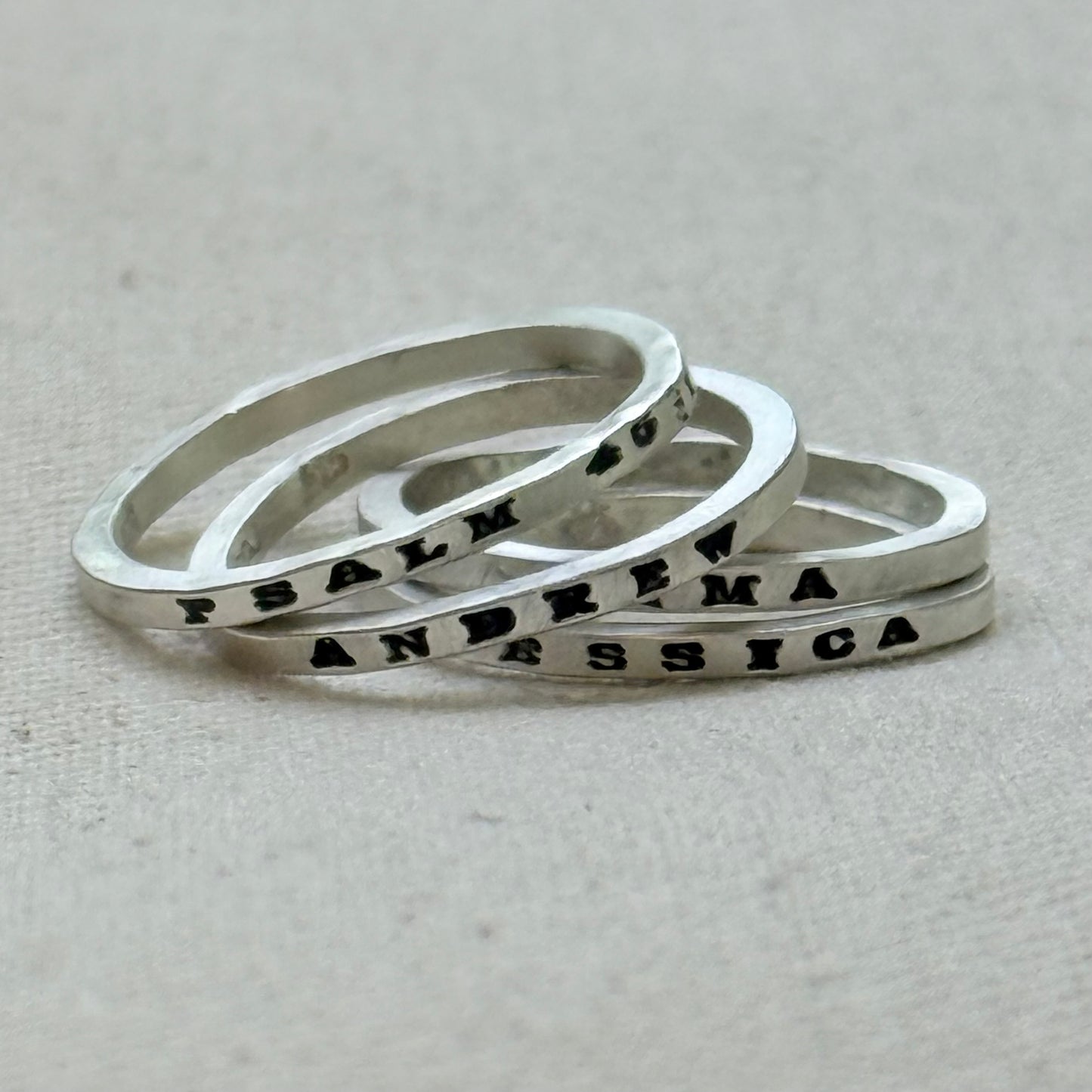 Solid sterling silver poesy rings with  micro mantra or kids names hand stamped poesy ring - drake designs jewelry