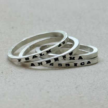 Solid sterling silver poesy rings with  micro mantra or kids names hand stamped poesy ring - drake designs jewelry