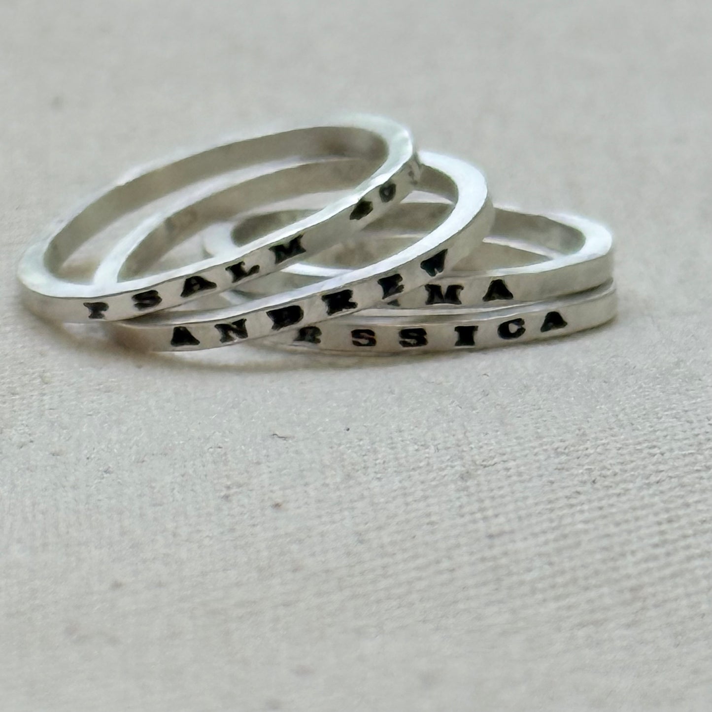Solid sterling silver poesy rings with  micro mantra or kids names hand stamped poesy ring - drake designs jewelry