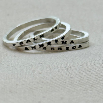 Solid sterling silver poesy rings with  micro mantra or kids names hand stamped poesy ring - drake designs jewelry