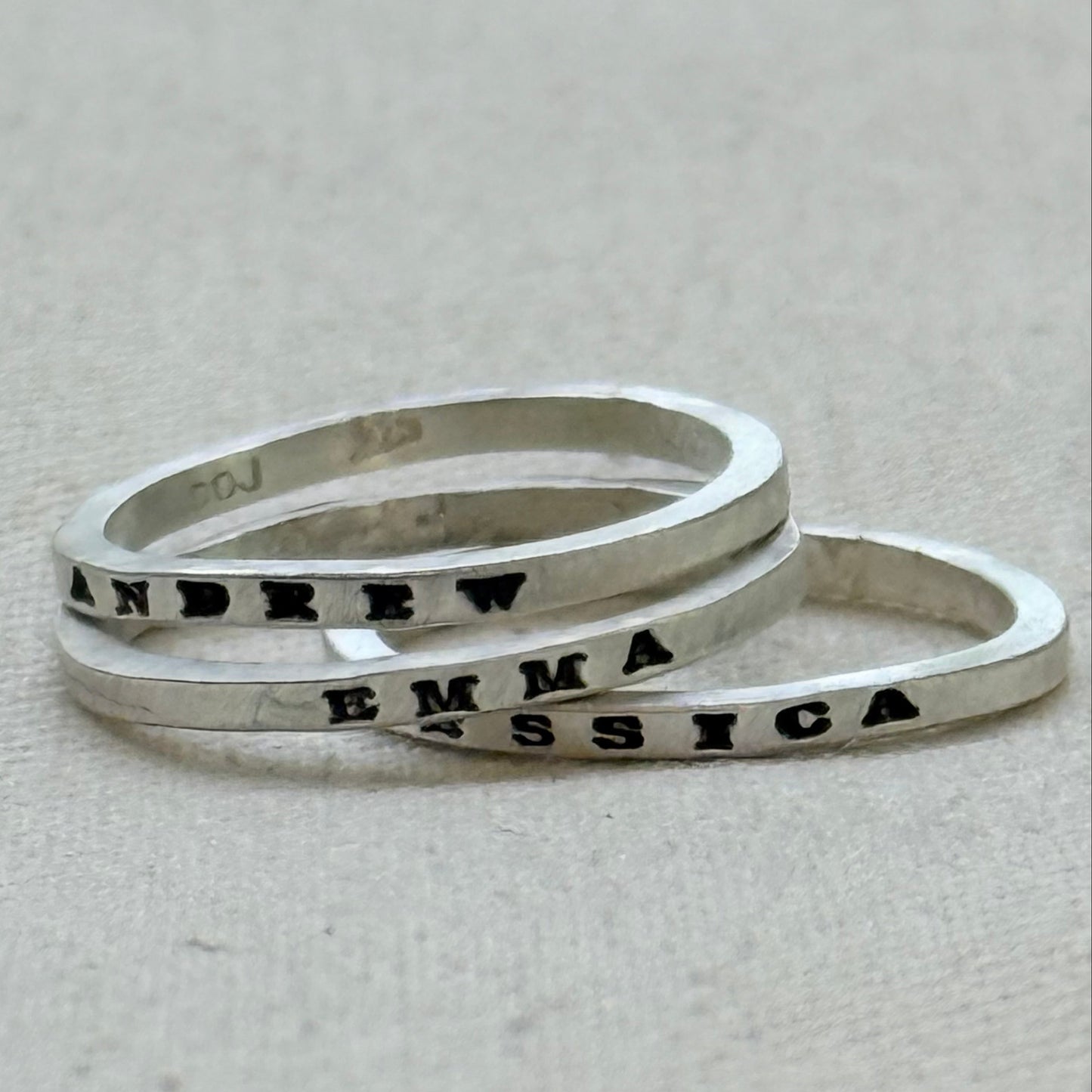 Solid sterling silver poesy rings with   kids names hand stamped poesy ring - drake designs jewelry