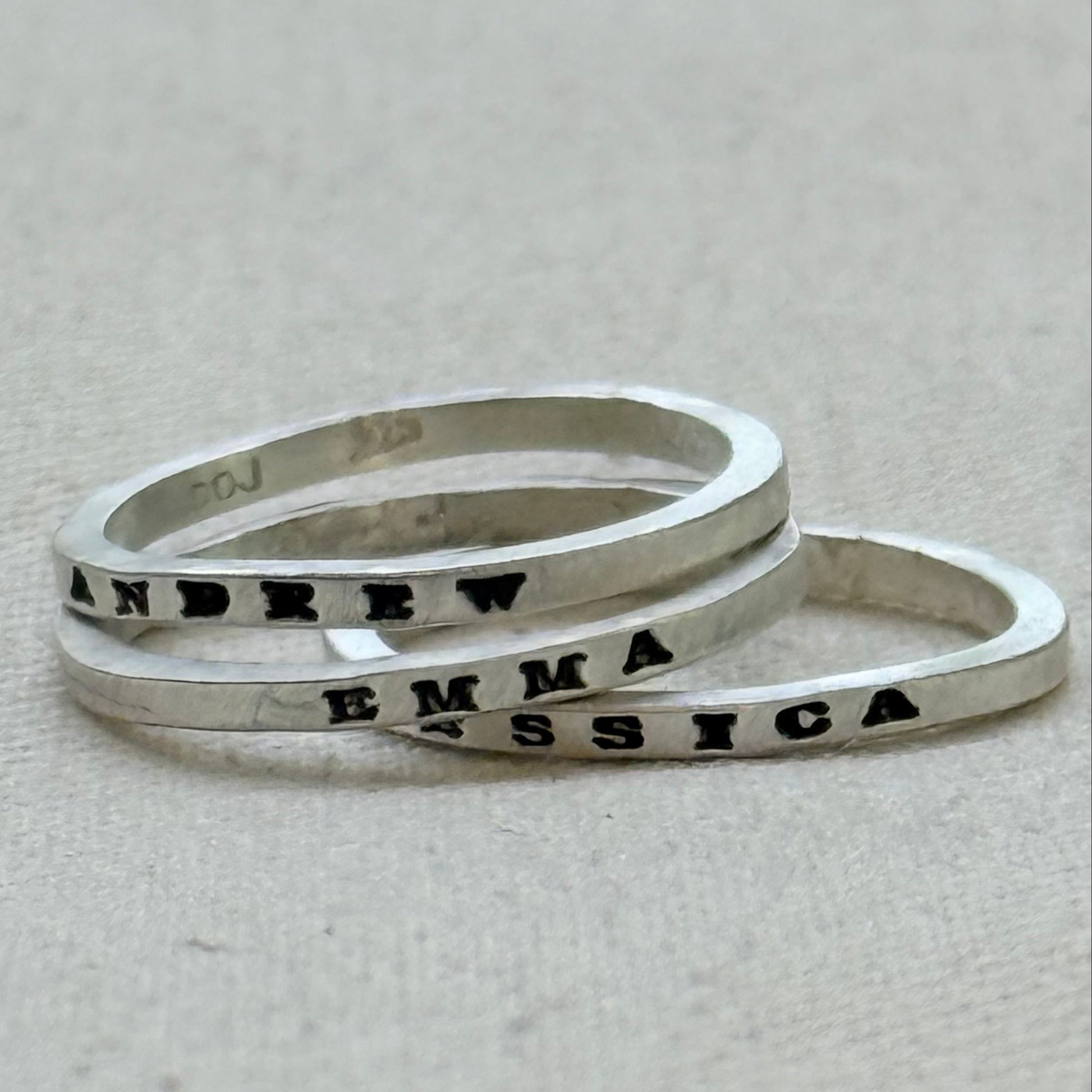 Solid sterling silver poesy rings with   kids names hand stamped poesy ring - drake designs jewelry