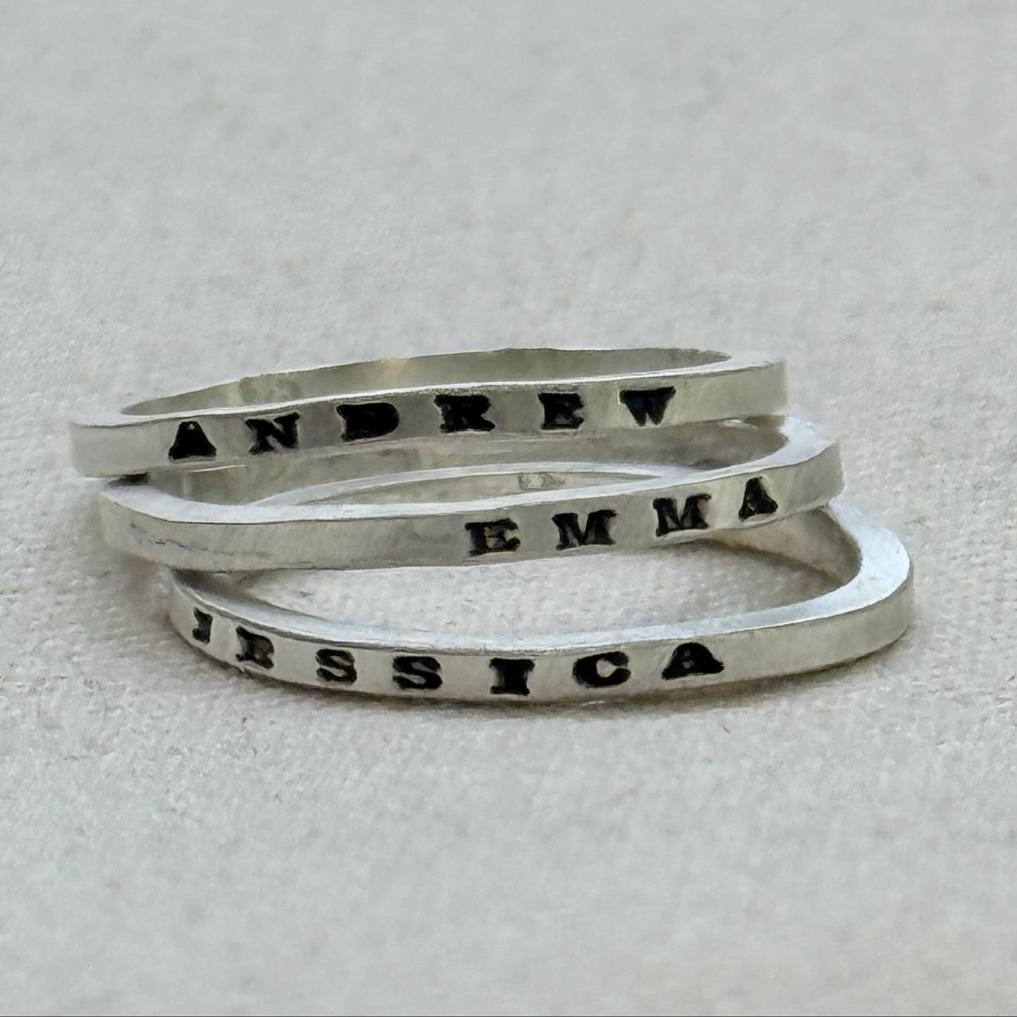 Solid sterling silver dainty but strong rings with custom name, micro mantra or words hand stamped poesy ring - drake designs jewelry