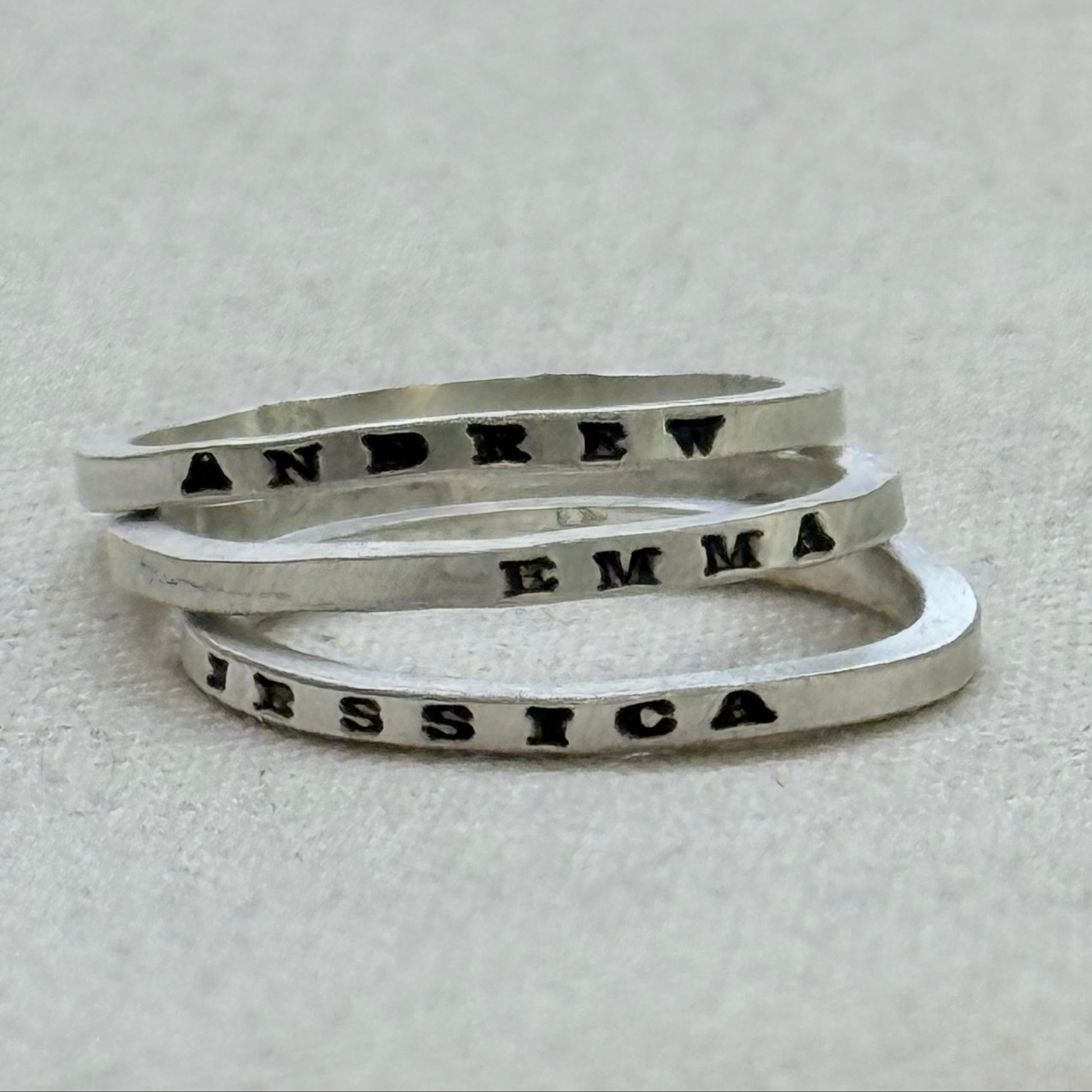 Solid sterling silver dainty but strong rings with custom name, micro mantra or words hand stamped poesy ring - drake designs jewelry