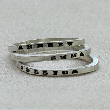 Solid sterling silver dainty but strong rings with custom name, micro mantra or words hand stamped poesy ring - drake designs jewelry