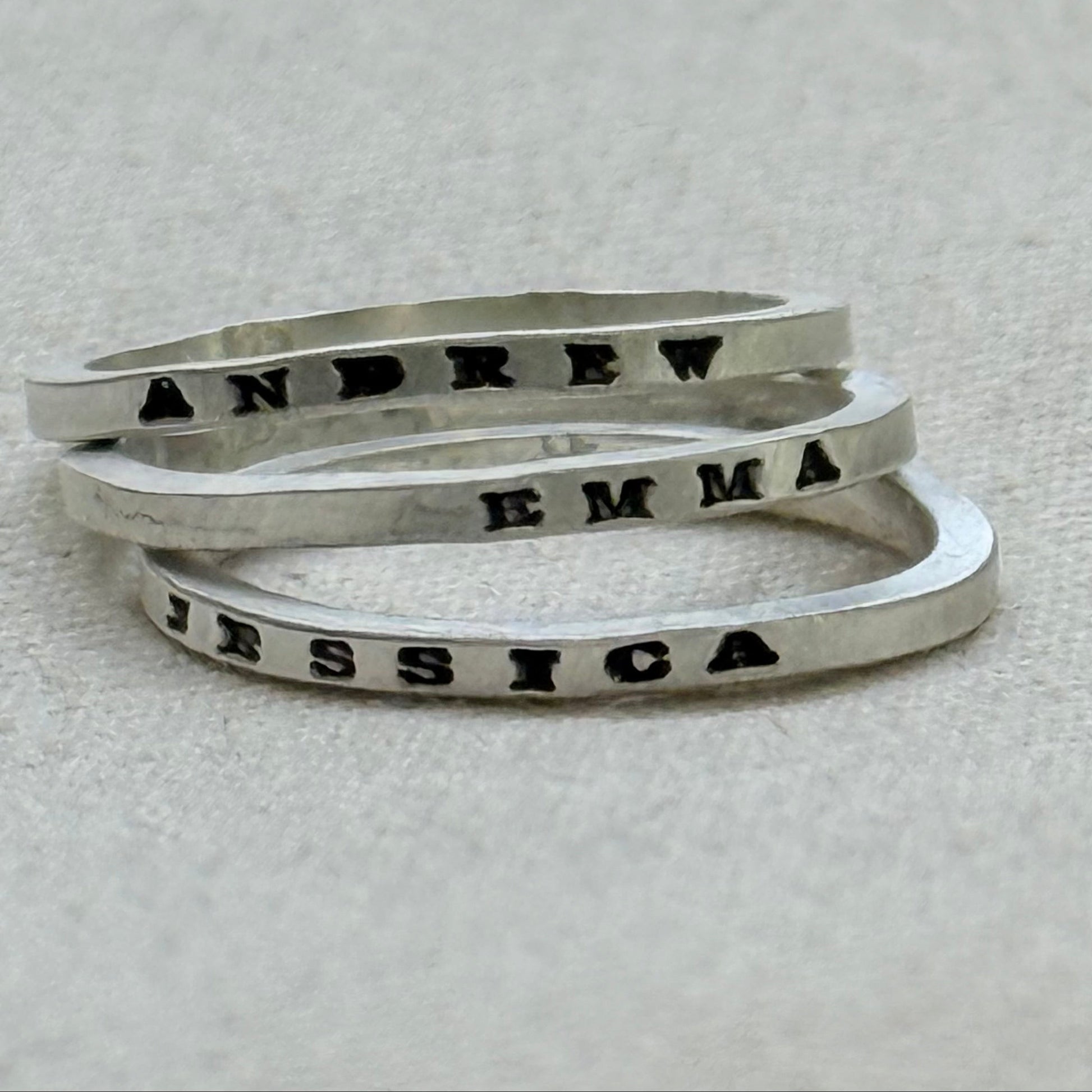 Solid sterling silver poesy rings with   kids names or micro mantra hand stamped poesy ring - drake designs jewelry