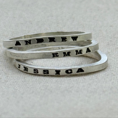 Solid sterling silver poesy rings with   kids names or micro mantra hand stamped poesy ring - drake designs jewelry