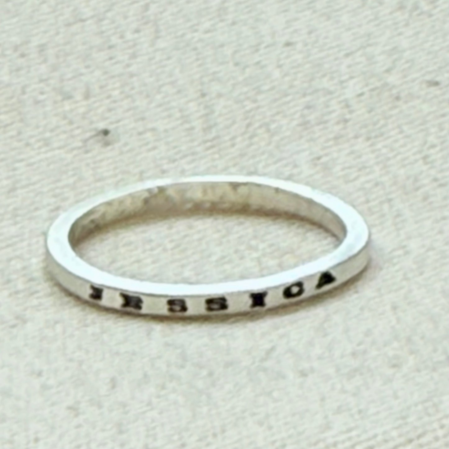 Solid sterling silver dainty but strong rings with custom name, micro mantra or words hand stamped poesy ring - drake designs jewelry