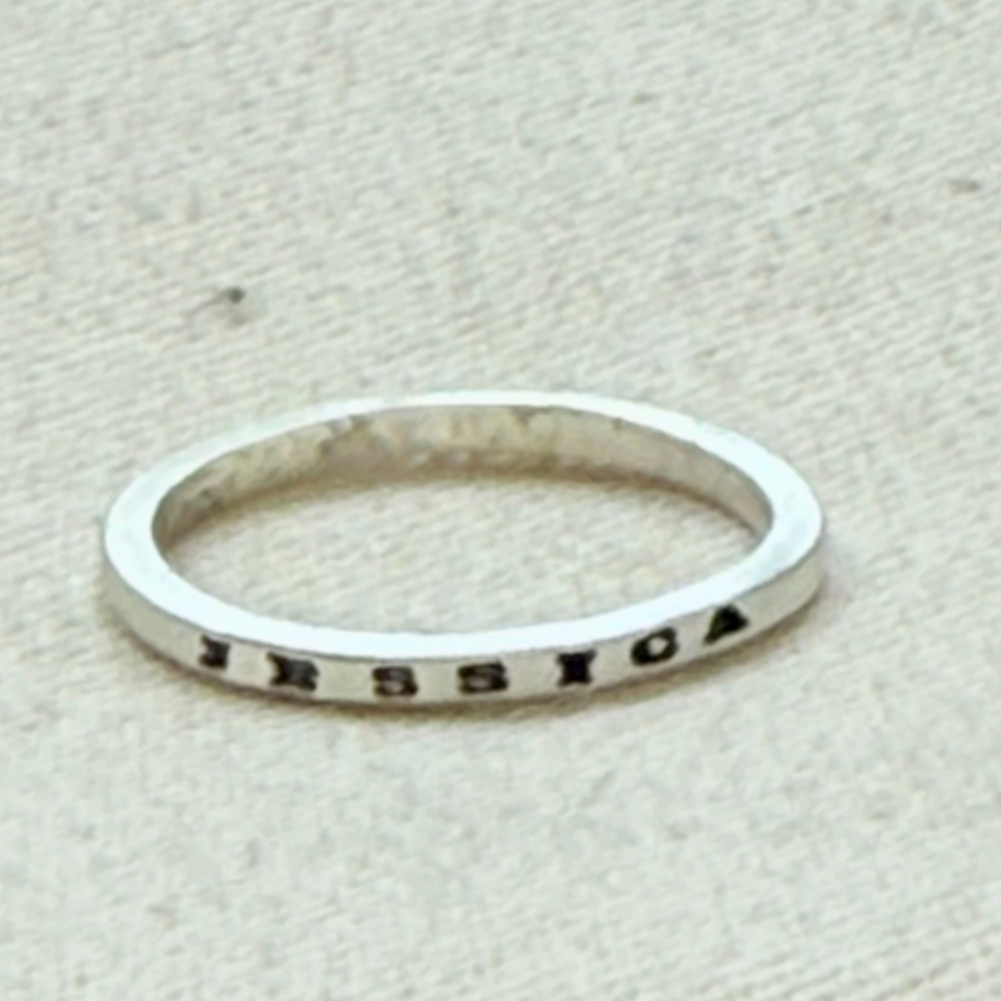 Solid sterling silver dainty but strong rings with custom name, micro mantra or words hand stamped poesy ring - drake designs jewelry