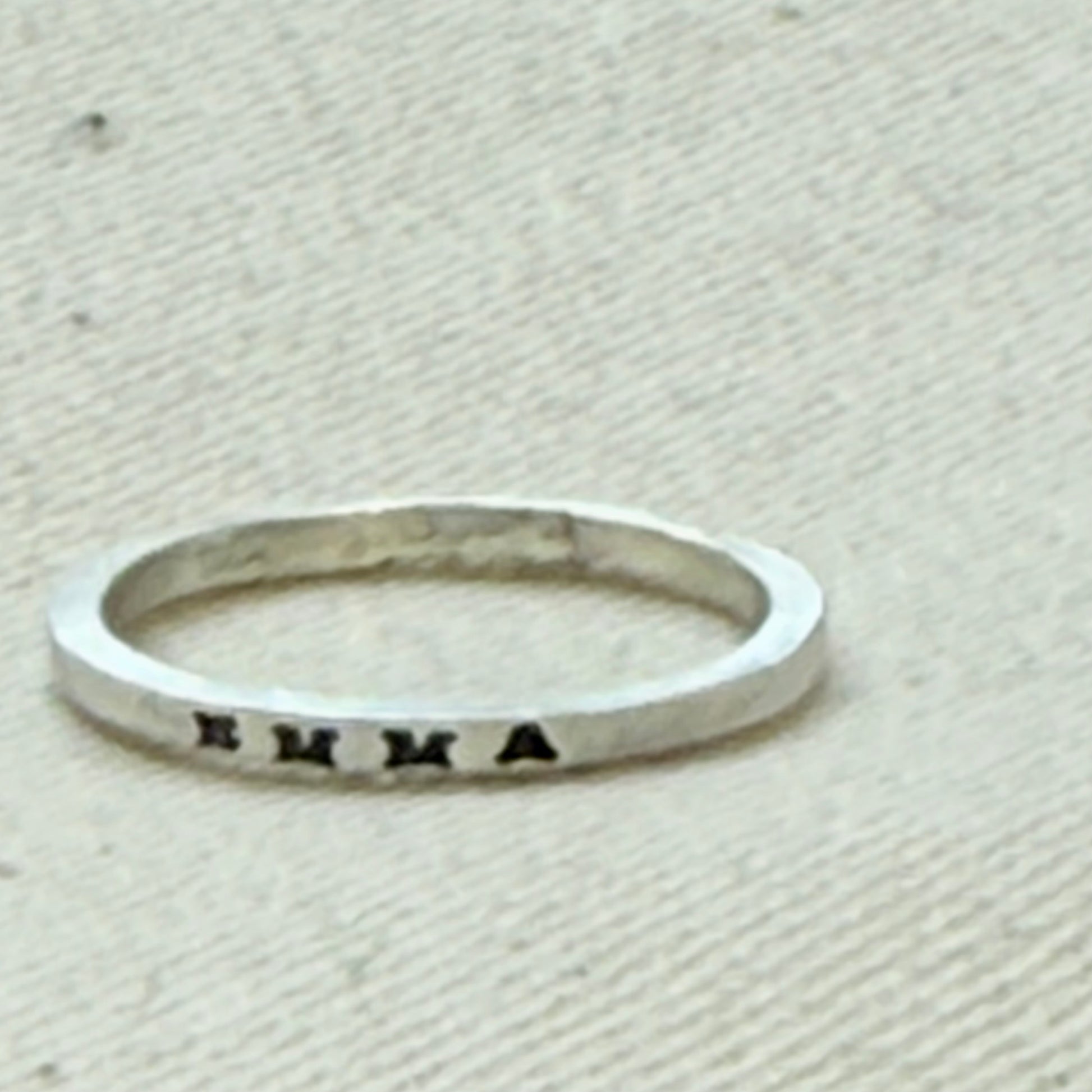 Solid sterling silver dainty but strong rings with custom name, micro mantra or words hand stamped poesy ring - drake designs jewelry