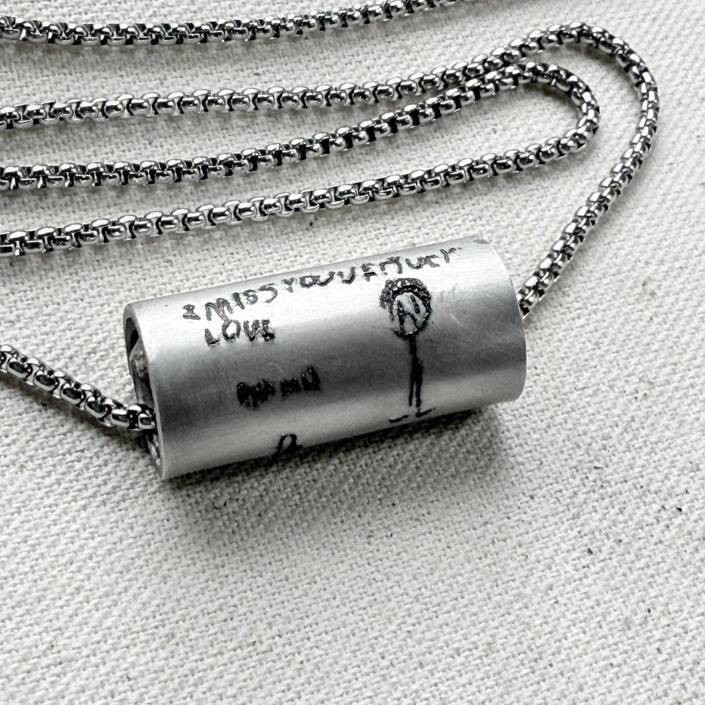 kids actual artwork engraved on necklace hand riveted - Drake designs jewelry