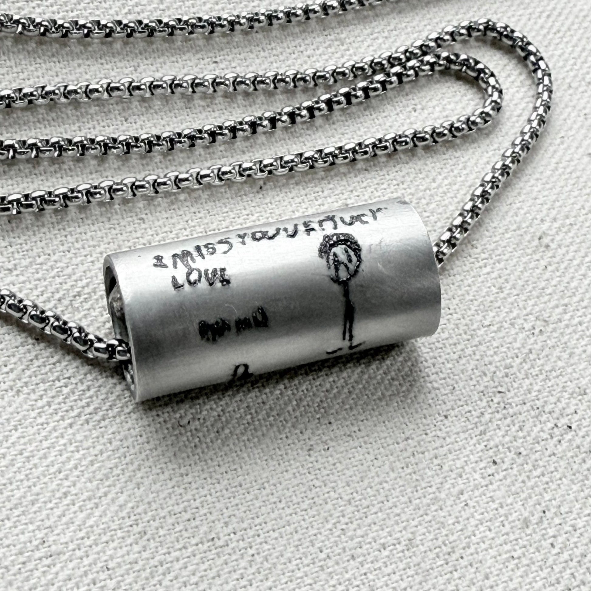 kids actual artwork engraved on necklace hand riveted - Drake designs jewelry