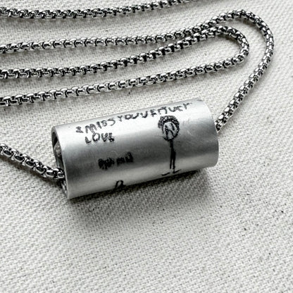 kids actual artwork engraved on necklace hand riveted - Drake designs jewelry
