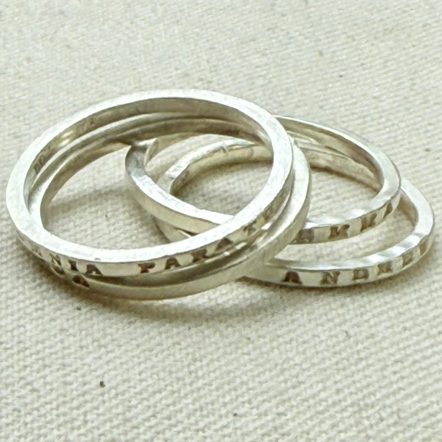 Solid sterling silver dainty but strong rings with custom name, micro mantra or words hand stamped poesy ring - drake designs jewelry