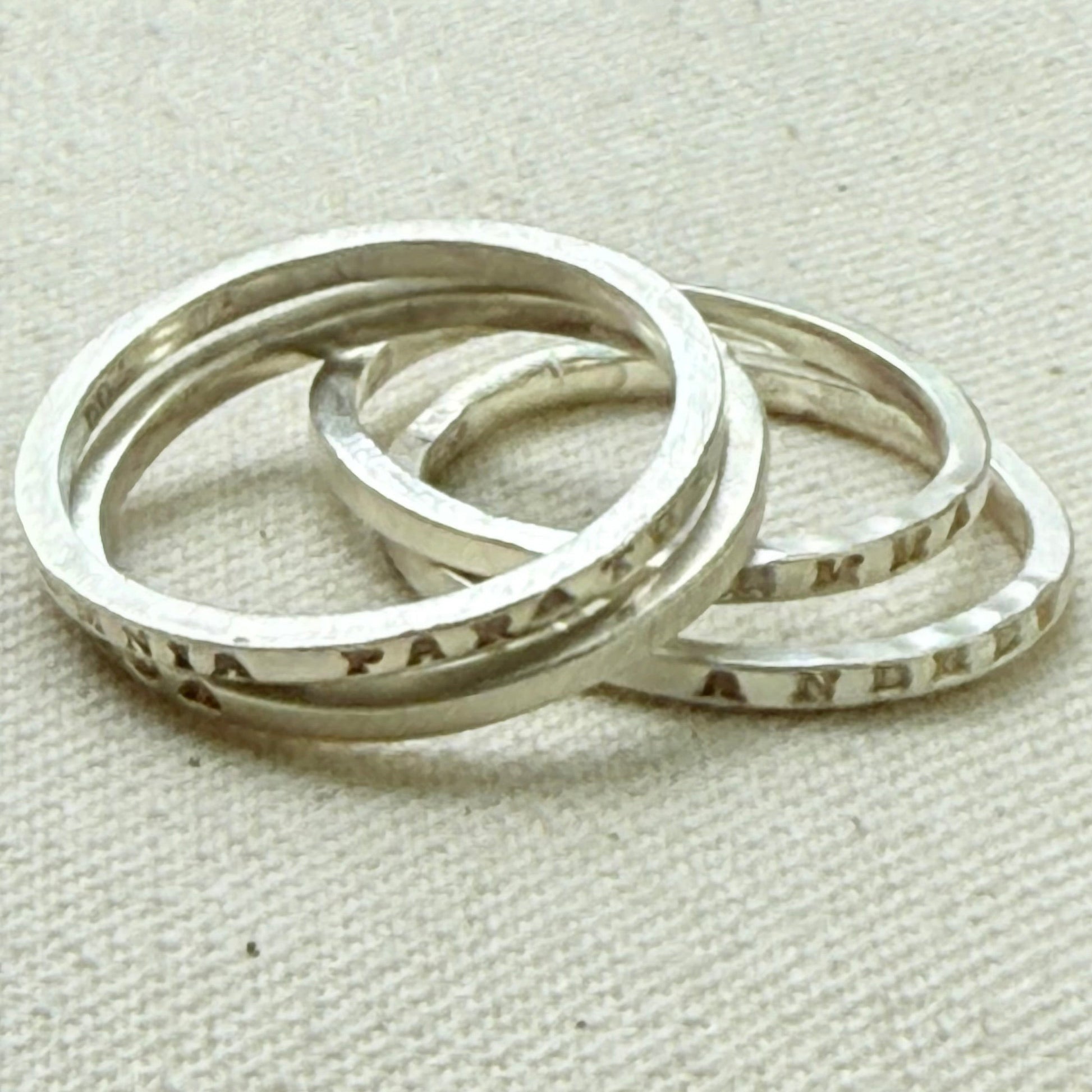 Solid sterling silver dainty but strong rings with custom name, micro mantra or words hand stamped poesy ring - drake designs jewelry