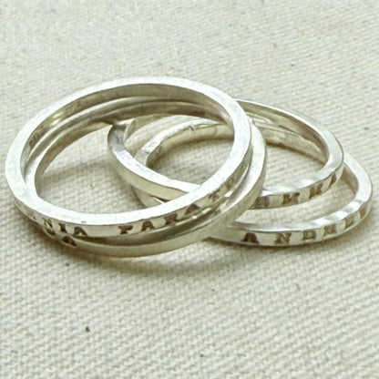 Solid sterling silver dainty but strong rings with custom name, micro mantra or words hand stamped poesy ring - drake designs jewelry