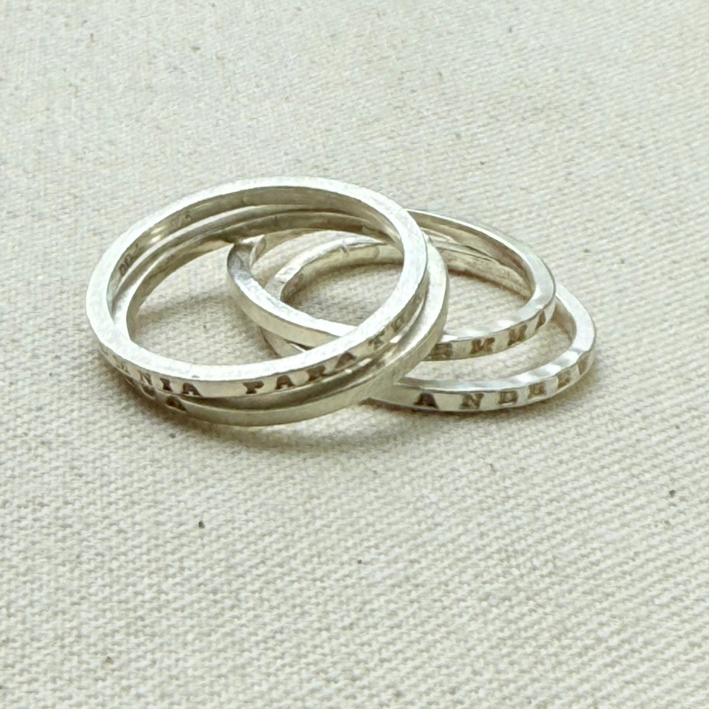 Solid sterling silver poesy rings with  micro mantra or kids names hand stamped poesy ring - drake designs jewelry