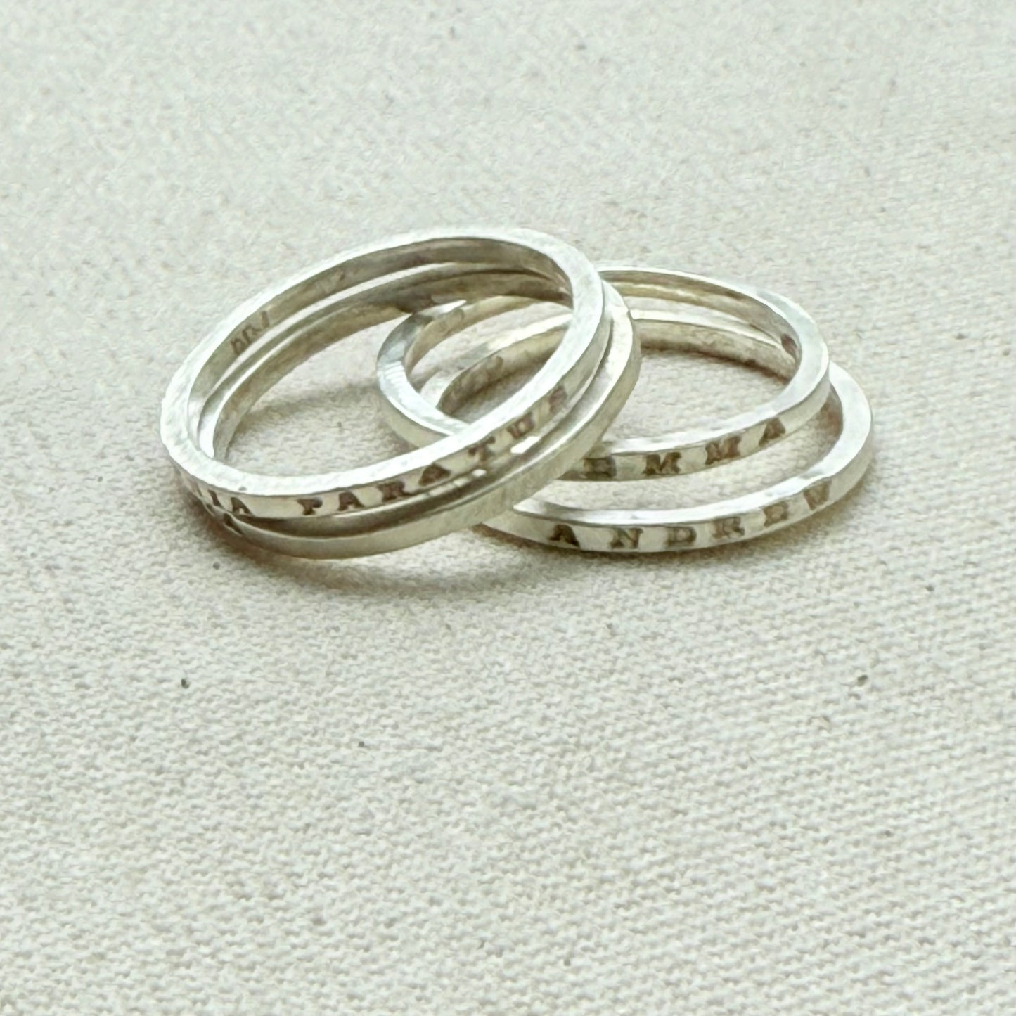 Solid sterling silver poesy rings with  micro mantra or kids names hand stamped poesy ring - drake designs jewelry