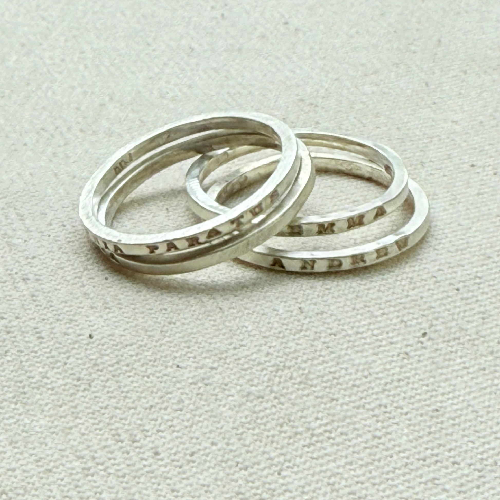 Solid sterling silver poesy rings with  micro mantra or kids names hand stamped poesy ring - drake designs jewelry