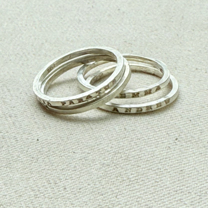 Solid sterling silver poesy rings with  micro mantra or kids names hand stamped poesy ring - drake designs jewelry