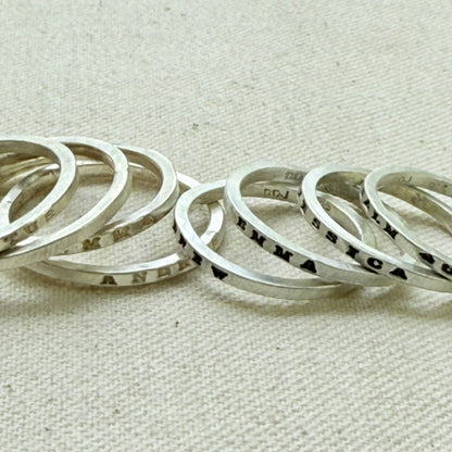 Solid sterling silver dainty but strong rings with custom name, micro mantra or words hand stamped poesy ring - drake designs jewelry